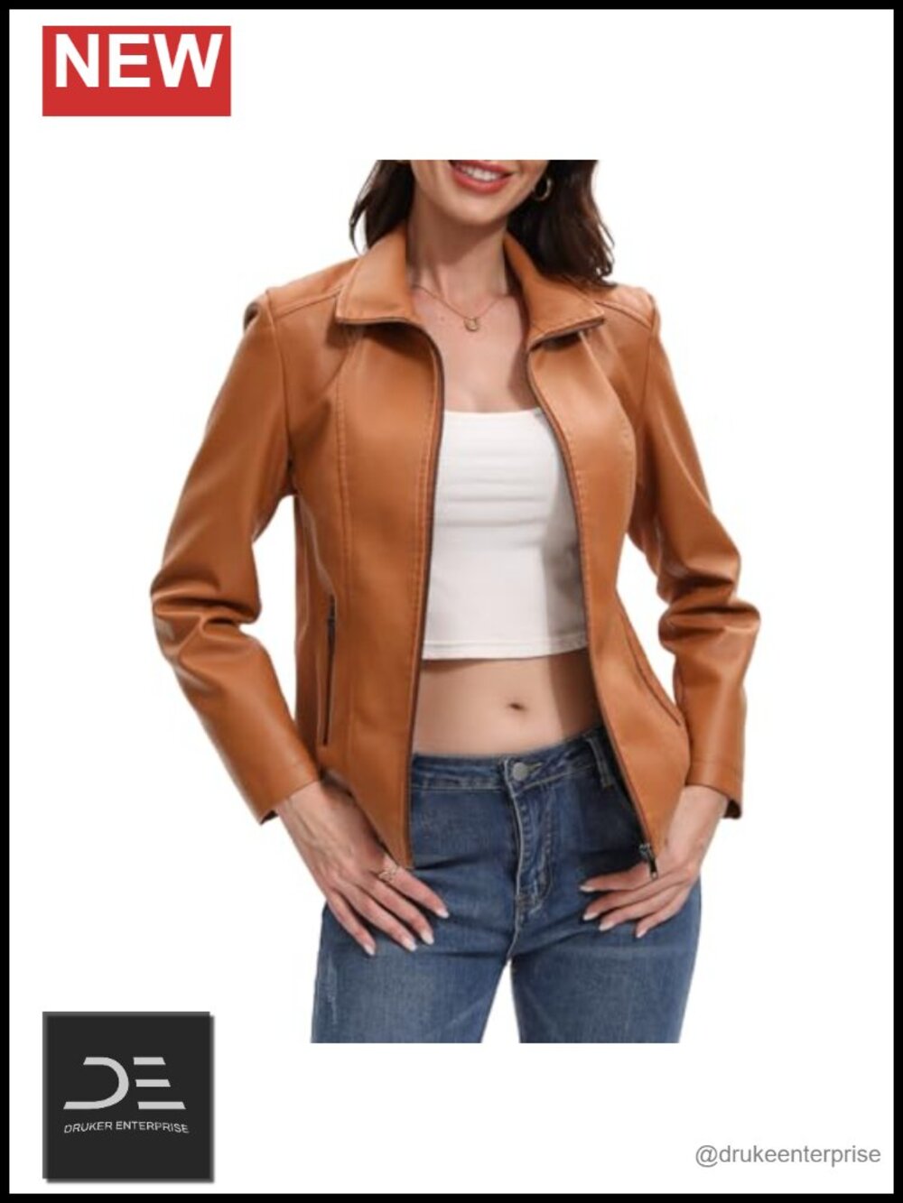 Faux Leather Jacket Women Motorcycle Zip Up Coat Quilted Shoulder Moto